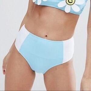 Lazy Oaf Women's Blue & White High Waisted Color Block Bikini Bottoms Size XS